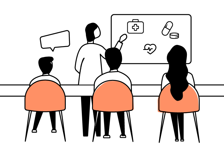 Dessin d'étudiants en train de suivre un cours de médecine